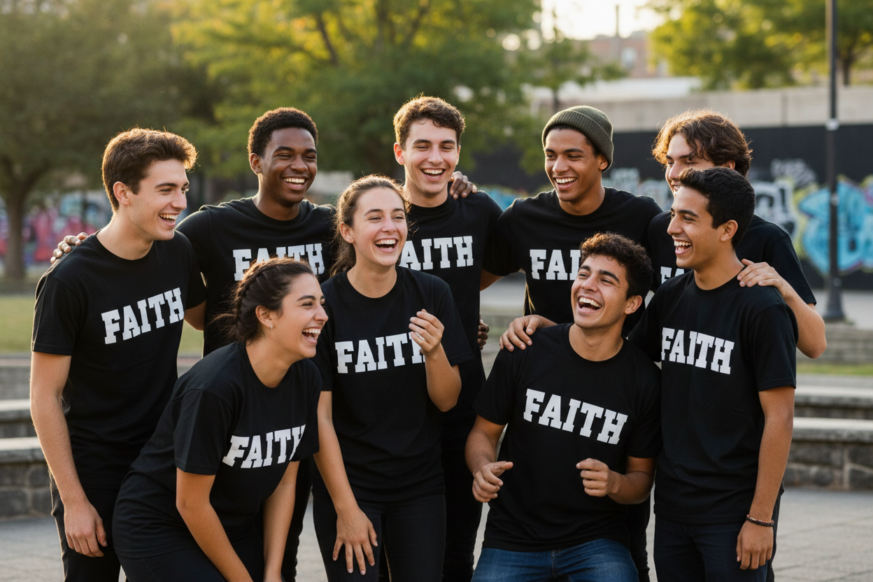 group of youth having a laugh wearing black shirts that say faith